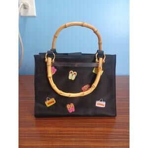 Tiannl Small Black Embroidered Flip Flop & Beachbag Handbag Fun Wooden Handles